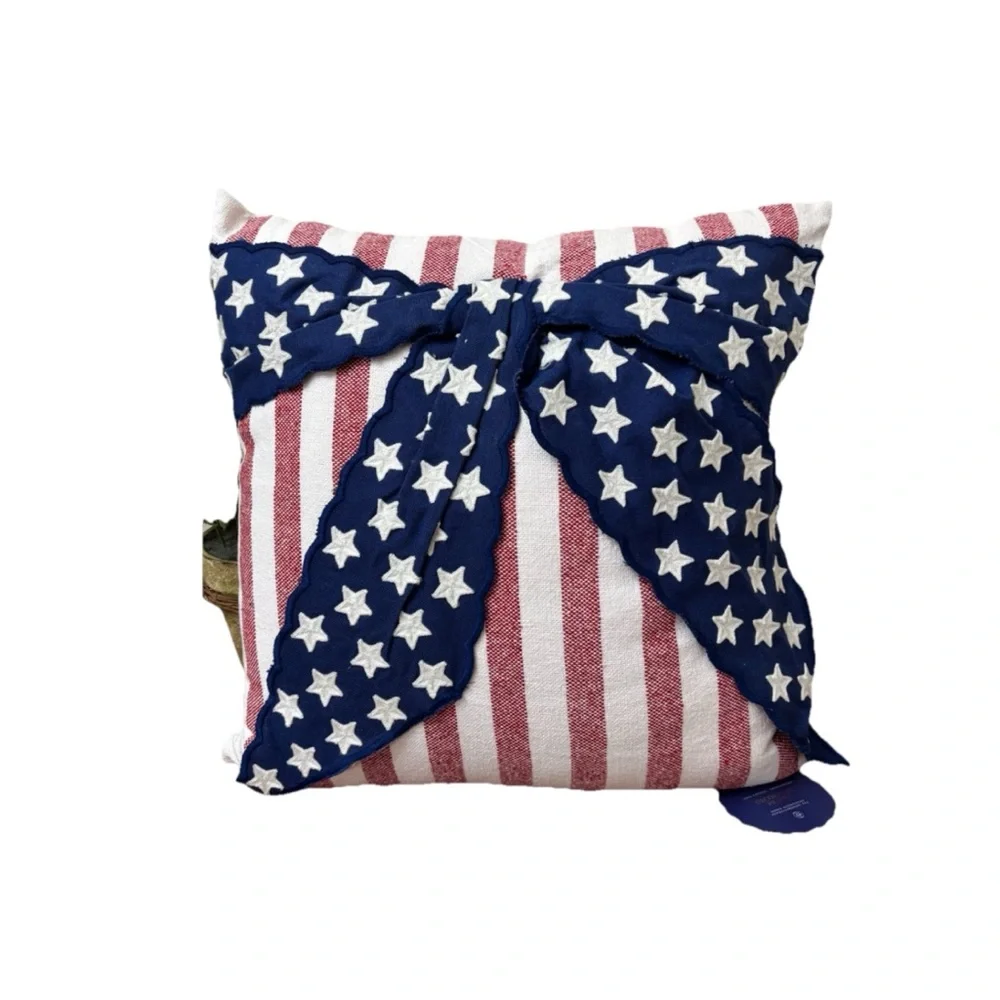 FARMHOUSE AMERICANA FLAG BOW THROW PILLOW JULY 4TH RUSTIC PATRIOTIC DECOR 20X20